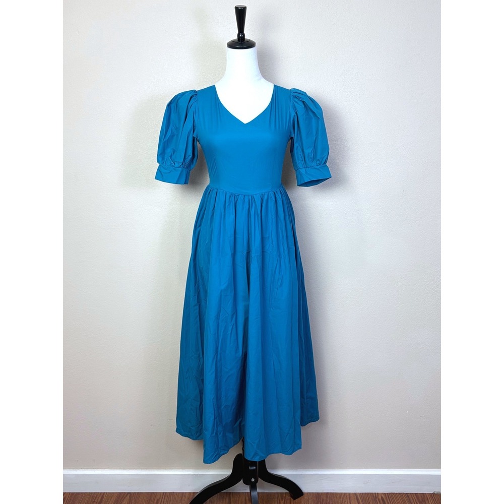 Bright Blue Puff Sleeve Peasant Midi Dress Dolce Viva Size Small Wedding Cottage